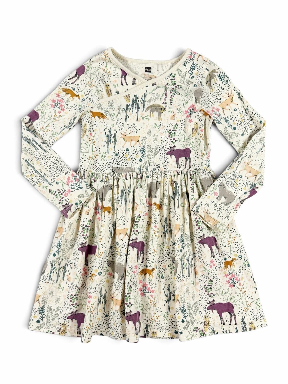 Tea Collection Wrap Neck Woodland Forest Animals Long Sleeve Dress Cream Size 6